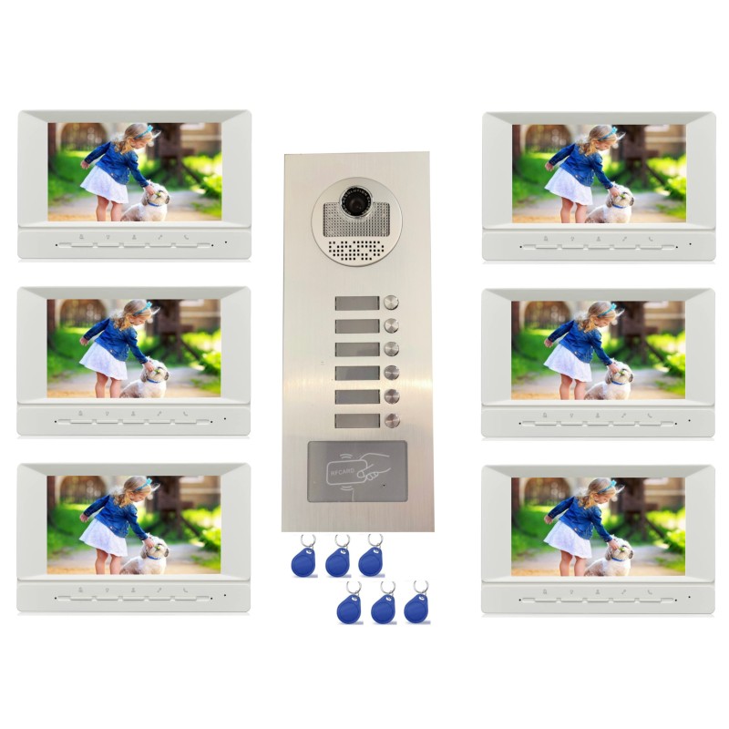 Interphone vidéo couleur pour 6 logements / appartements avec lecteur RFID