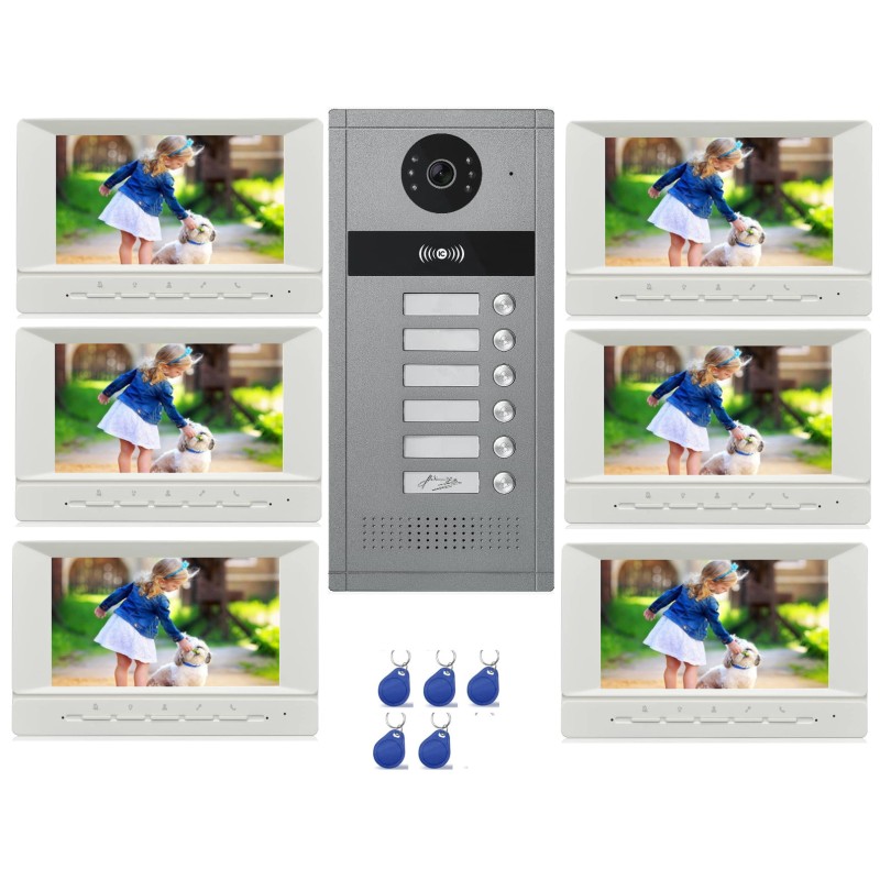 Visiophone couleur pour 6 logements / appartements avec lecteur RFID
