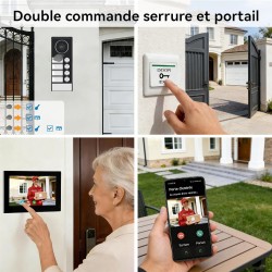 Le visiophone collectif permet de piloter séparément une serrure électrique et un portail depuis l'écran ou l’application mobile