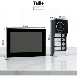 Dimensions du moniteur intérieur et de la platine extérieure d’un visiophone collectif 4 boutons.